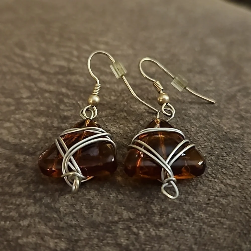 3/$30 HANDMADE Brown Glass Triangle Wire Wrapped Beaded Dangle Hook Earrings - Picture 3 of 5